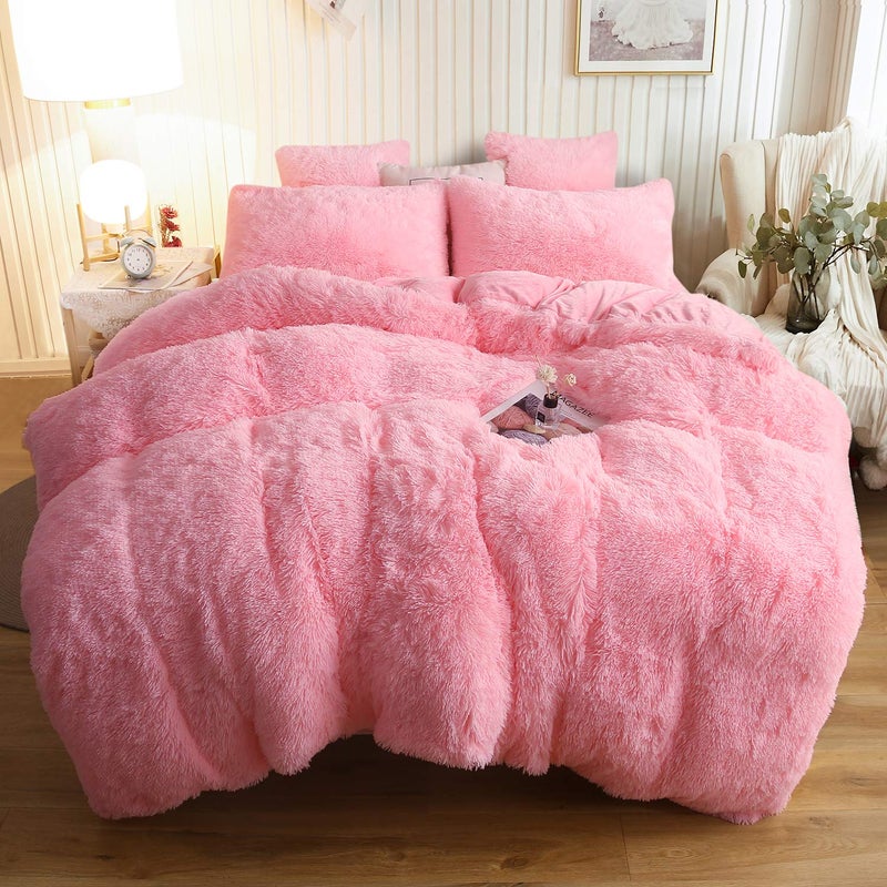 XeGe Plush Shaggy Duvet Cover Set, Luxury Ultra Soft Crystal Velvet Fluffy Bedding Sets 3 Pieces(1 Furry Faux Fur Comforter Cover + 2 Fuzzy Faux Fur Pillowcases) Zipper Closure(Queen, Light Pink) - Image 1